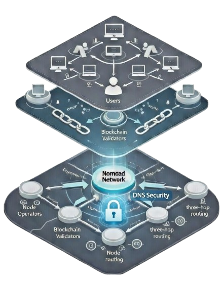 Nomoad Network Architecture - Three-layer system showing Users, Blockchain Validators, and Nomoad Network core with DNS Security and routing